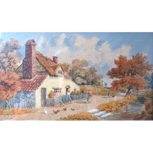 525 - British School (late 19th/early 20th century) - 'A country lane with cottage, stream, figures, chick... 