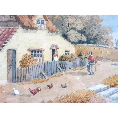 525 - British School (late 19th/early 20th century) - 'A country lane with cottage, stream, figures, chick... 