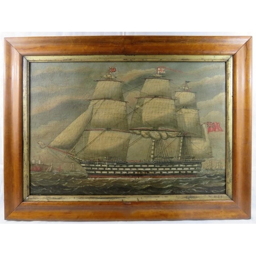 531 - A 19th century Maple framed oil on canvas, British Naval Frigate. Approx 45cm x 66cm.
Condition: Som... 