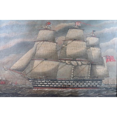 531 - A 19th century Maple framed oil on canvas, British Naval Frigate. Approx 45cm x 66cm.
Condition: Som... 