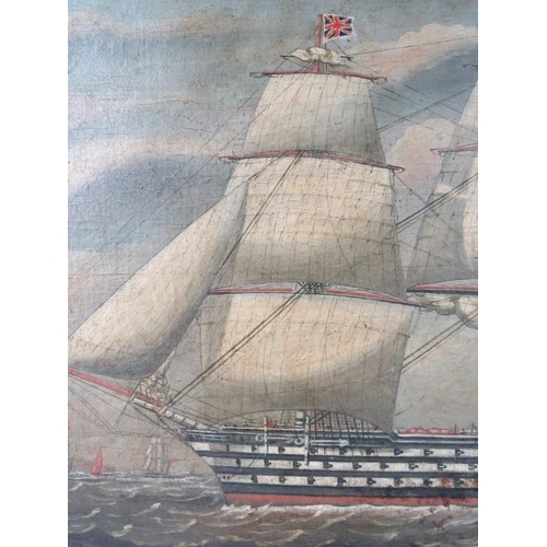 531 - A 19th century Maple framed oil on canvas, British Naval Frigate. Approx 45cm x 66cm.
Condition: Som... 