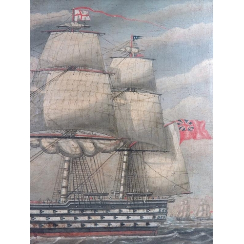 531 - A 19th century Maple framed oil on canvas, British Naval Frigate. Approx 45cm x 66cm.
Condition: Som... 