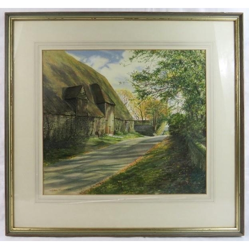 532 - Susan Jackman (20th Century) - 'Alciston Barn Autumn', watercolour, signed, labels verso for E. Stac... 