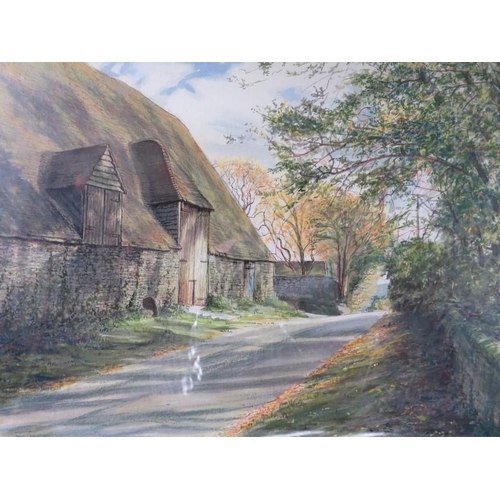 532 - Susan Jackman (20th Century) - 'Alciston Barn Autumn', watercolour, signed, labels verso for E. Stac... 