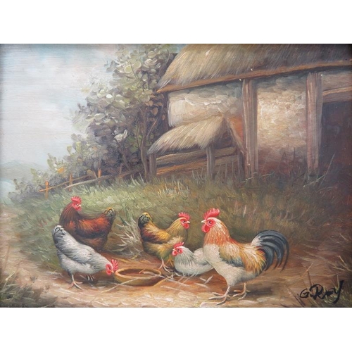 533 - Four small reproduction oils on board, 'farmyard scenes with chickens', all with matching frames and... 