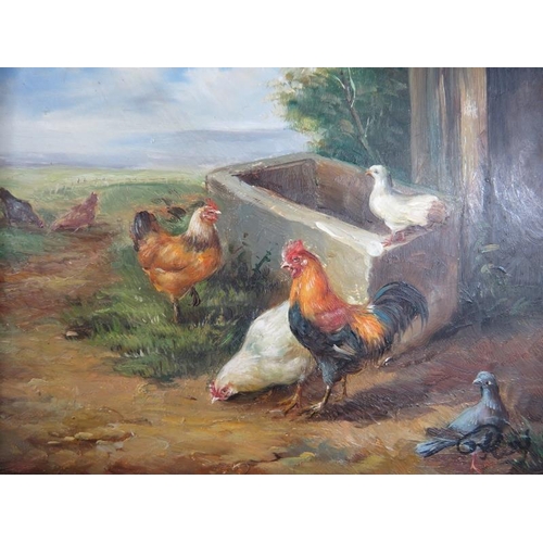 533 - Four small reproduction oils on board, 'farmyard scenes with chickens', all with matching frames and... 