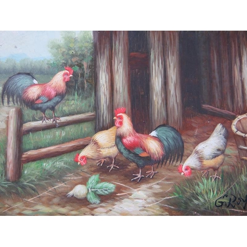 533 - Four small reproduction oils on board, 'farmyard scenes with chickens', all with matching frames and... 