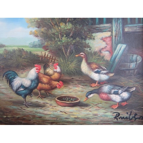 533 - Four small reproduction oils on board, 'farmyard scenes with chickens', all with matching frames and... 