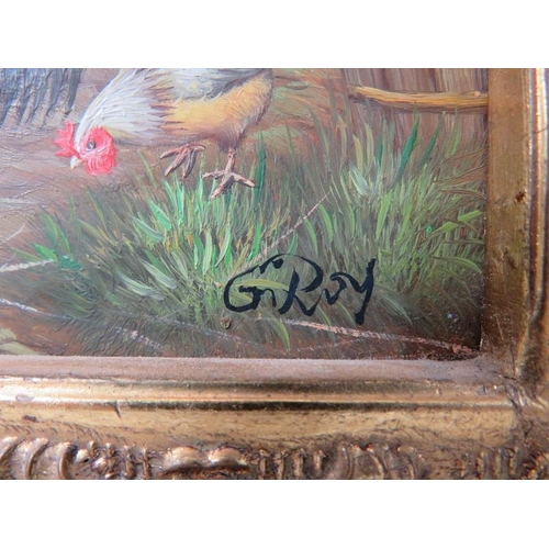 533 - Four small reproduction oils on board, 'farmyard scenes with chickens', all with matching frames and... 