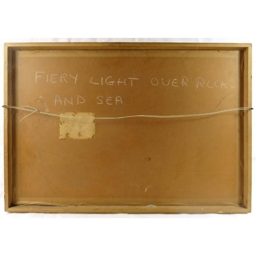 536 - A 20th Century framed and glazed watercolour, entitled verso 'Fiery fight over rocks and sea'. Appro... 