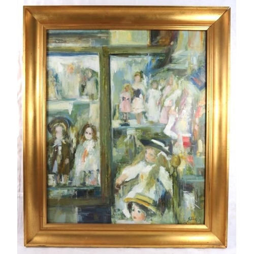 539 - Francesc Sillue b.1936 - A framed oil on canvas, dolls in a shop window, signed 'Sillue 80' lower ri... 