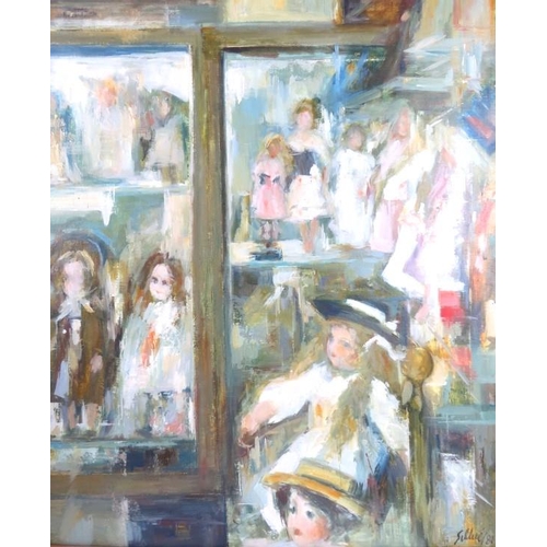 539 - Francesc Sillue b.1936 - A framed oil on canvas, dolls in a shop window, signed 'Sillue 80' lower ri... 