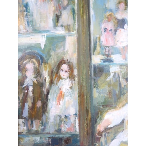 539 - Francesc Sillue b.1936 - A framed oil on canvas, dolls in a shop window, signed 'Sillue 80' lower ri... 