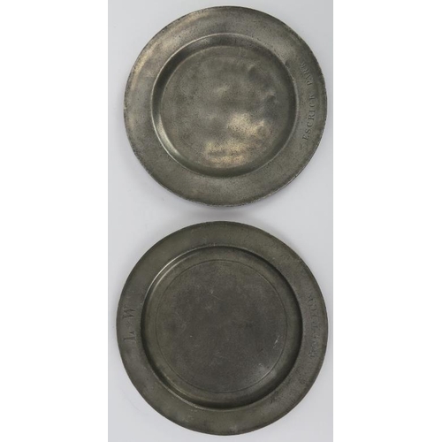 54 - Two antique pewter plates from the ‘Escrick Park’ estate, mid 18th century. Both inscribed with pewt... 