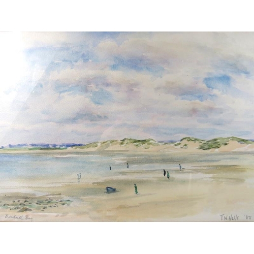 540 - T.W. Wells (1988) - 'Beadnell Bay', beach scene with figures, watercolour, signed and dated, 36cm x ... 