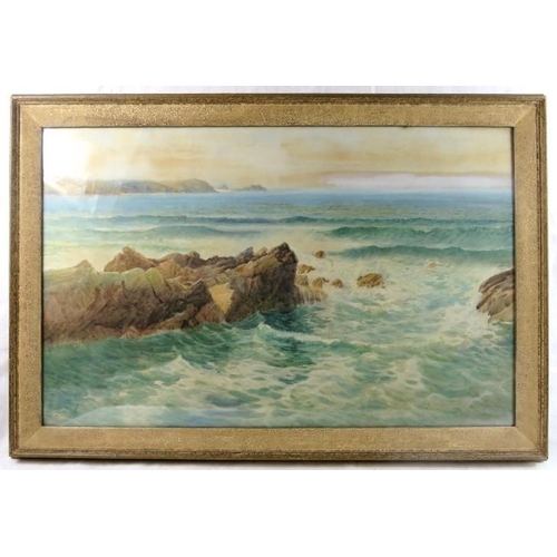 544 - William Edward Croxford (1852-1926) -A framed and glazed watercolour, coastal scene with waves over ... 