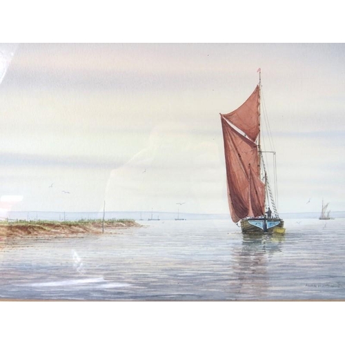 564 - Alan Whitehead (British, b. 1952) - 'Calm seascape with sailboats', watercolour, signed, 22cm x 34cm... 