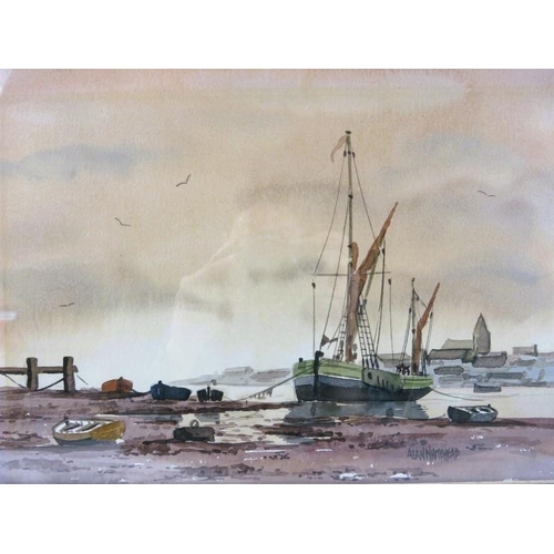 566 - Alan Whitehead (British, b. 1952) - 'Harbour scene, tide out, moored boats', watercolour, signed, De... 