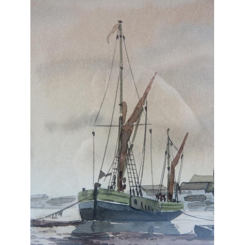 566 - Alan Whitehead (British, b. 1952) - 'Harbour scene, tide out, moored boats', watercolour, signed, De... 