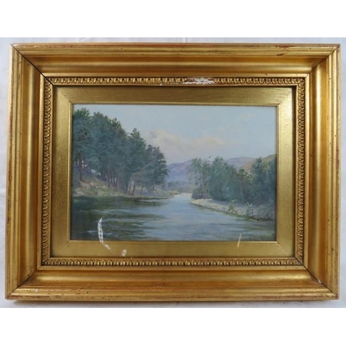 570 - Herbert Baker, 19th Century, framed and glazed oil on board, river landscape with hills beyond, sign... 