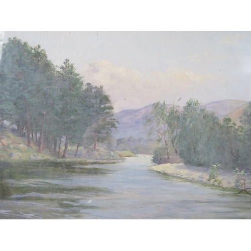 570 - Herbert Baker, 19th Century, framed and glazed oil on board, river landscape with hills beyond, sign... 