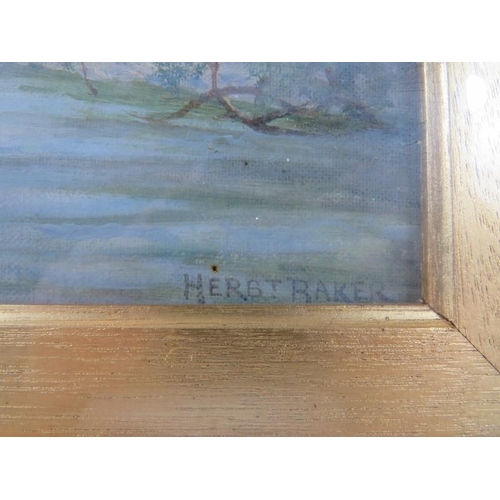 570 - Herbert Baker, 19th Century, framed and glazed oil on board, river landscape with hills beyond, sign... 