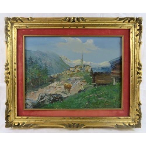 572 - 20th century framed oil on canvas, 'mountain scene with church and a girl with a cow'. Signed indist... 