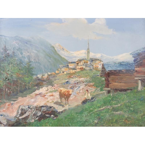 572 - 20th century framed oil on canvas, 'mountain scene with church and a girl with a cow'. Signed indist... 