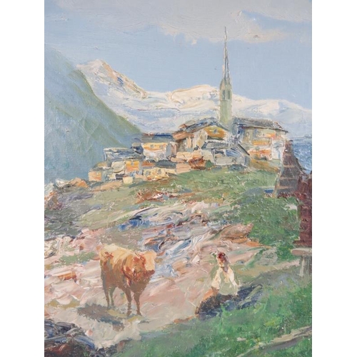 572 - 20th century framed oil on canvas, 'mountain scene with church and a girl with a cow'. Signed indist... 