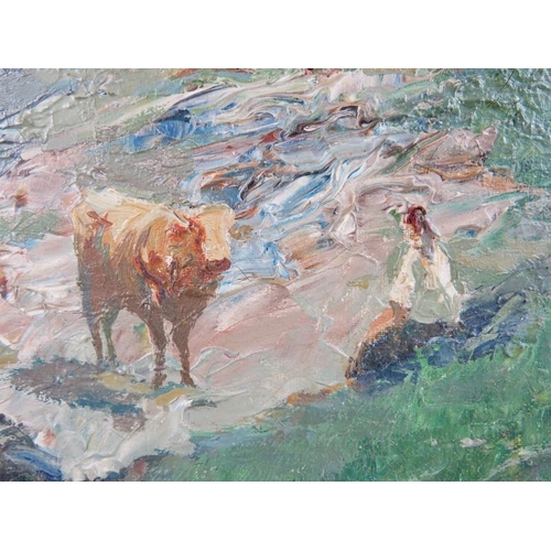 572 - 20th century framed oil on canvas, 'mountain scene with church and a girl with a cow'. Signed indist... 