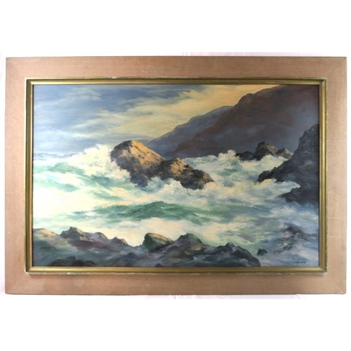 576 - Lucille Sivers (20th Century) - 'Waves crashing against rocks', oil on board, signed, 66cm x 102cm, ... 