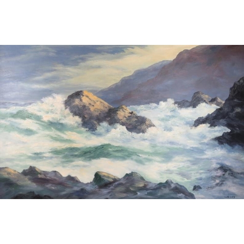 576 - Lucille Sivers (20th Century) - 'Waves crashing against rocks', oil on board, signed, 66cm x 102cm, ... 