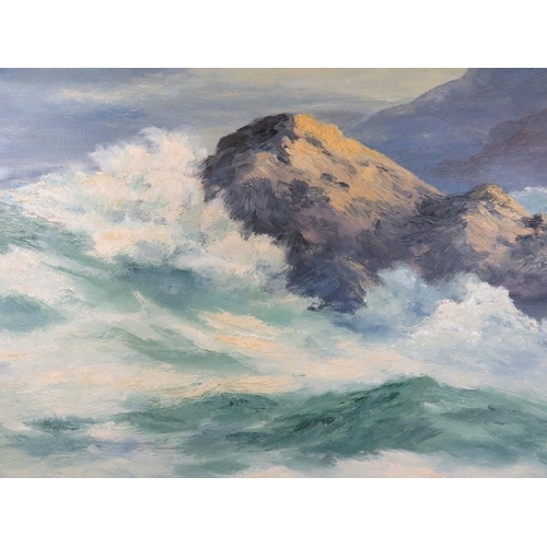 576 - Lucille Sivers (20th Century) - 'Waves crashing against rocks', oil on board, signed, 66cm x 102cm, ... 