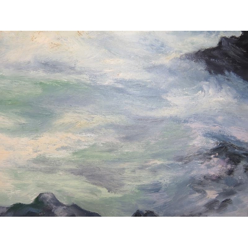 576 - Lucille Sivers (20th Century) - 'Waves crashing against rocks', oil on board, signed, 66cm x 102cm, ... 