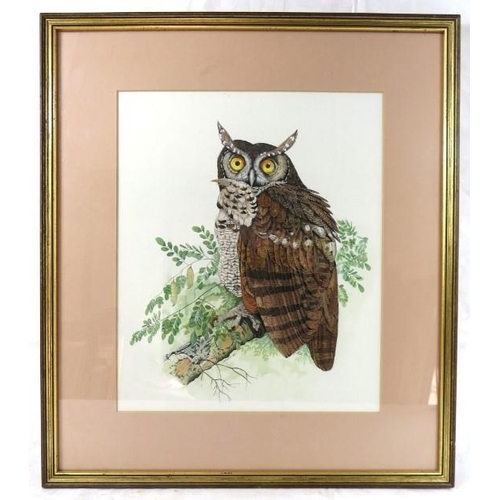 577 - P.R. Hobson (1982) - 'Owl perched on a branch', watercolour, signed and dated 1982, 35cm x 29cm, fra... 