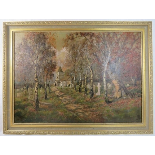 578 - Louis Burleigh Bruhl (1861 - 1942) - 'Rural Church Scene', oil on canvas, signed, 64cm x 90cm, frame... 