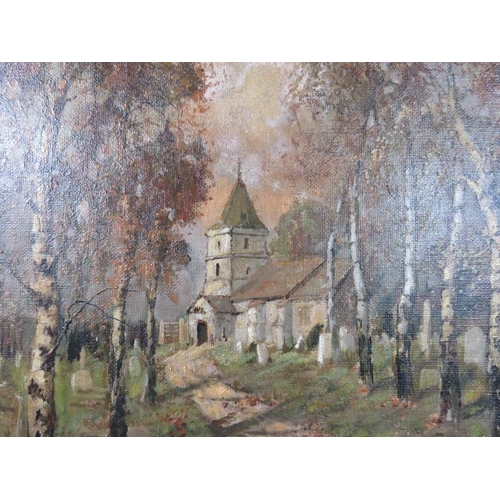 578 - Louis Burleigh Bruhl (1861 - 1942) - 'Rural Church Scene', oil on canvas, signed, 64cm x 90cm, frame... 