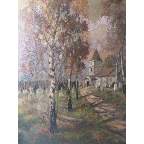 578 - Louis Burleigh Bruhl (1861 - 1942) - 'Rural Church Scene', oil on canvas, signed, 64cm x 90cm, frame... 