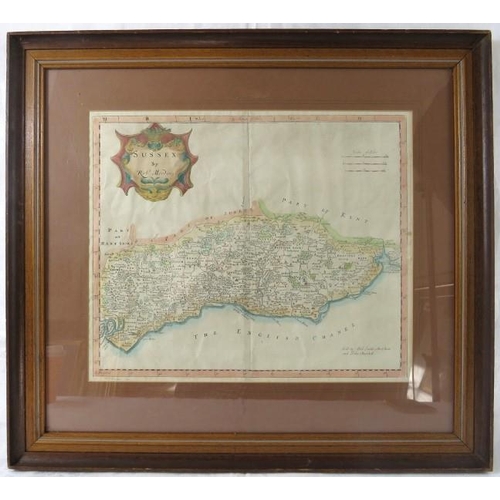 598 - An early map of Sussex by Robert Morden, C.1695. - A hand coloured, framed and glazed. Frame size: 6... 