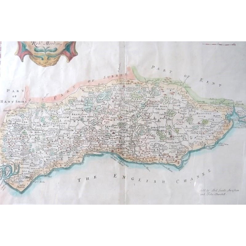 598 - An early map of Sussex by Robert Morden, C.1695. - A hand coloured, framed and glazed. Frame size: 6... 