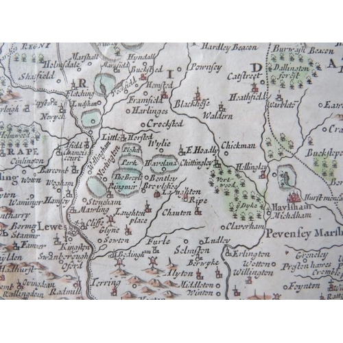 598 - An early map of Sussex by Robert Morden, C.1695. - A hand coloured, framed and glazed. Frame size: 6... 