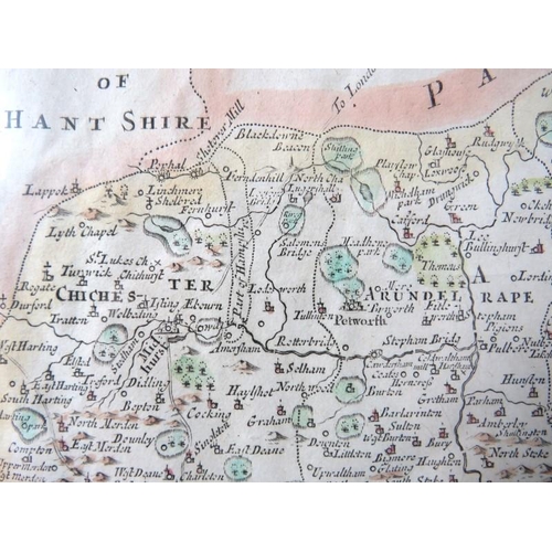 598 - An early map of Sussex by Robert Morden, C.1695. - A hand coloured, framed and glazed. Frame size: 6... 