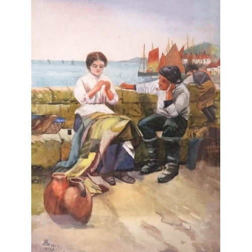 599 - Walter Langley after framed and glazed watercolour, 'Cornish fisherman talking with a lady', signed ... 