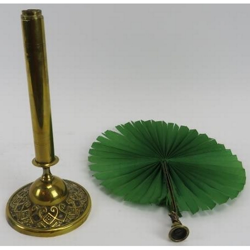 63 - A portable brass and silk face screen, early/mid 19th century. Modelled with a detachable green silk... 