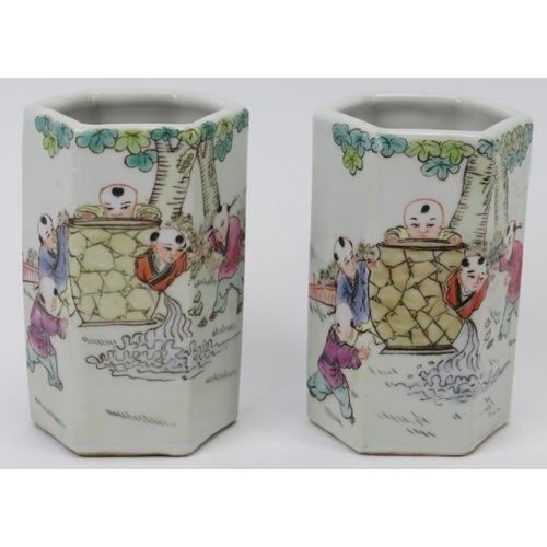 7 - Two Chinese famille rose enamelled porcelain octagonal brush pots, 20th century. (2 items) 12.1 cm h... 