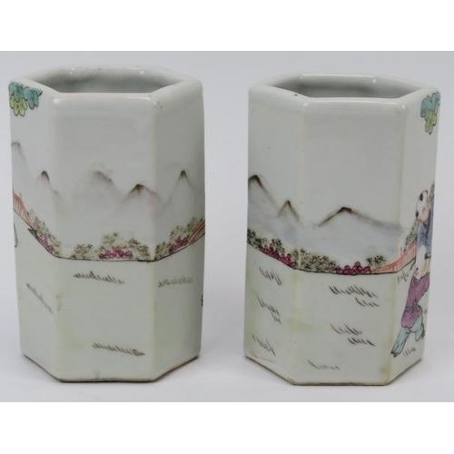 7 - Two Chinese famille rose enamelled porcelain octagonal brush pots, 20th century. (2 items) 12.1 cm h... 