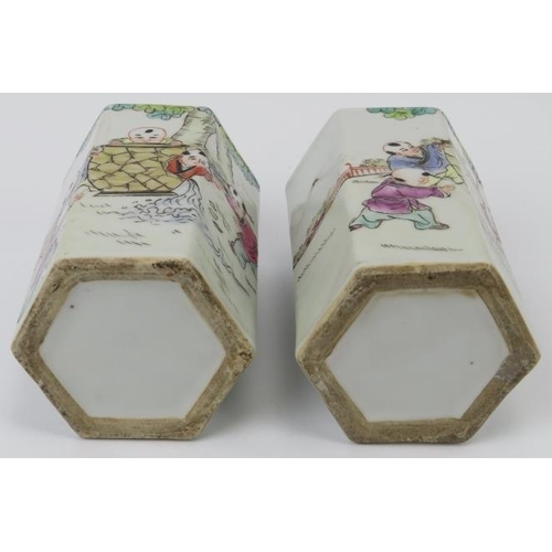 7 - Two Chinese famille rose enamelled porcelain octagonal brush pots, 20th century. (2 items) 12.1 cm h... 