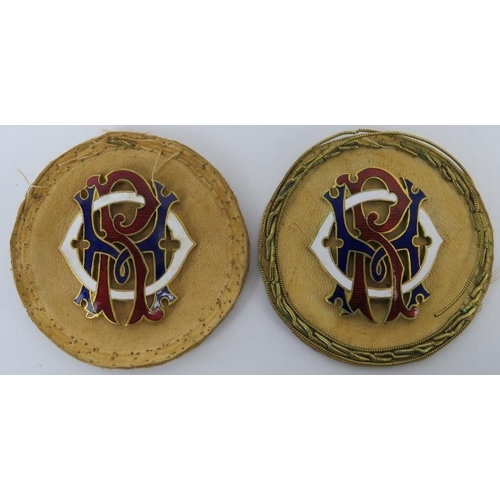 77 - Two Buffalo Lodge cloisonné enamelled gilt metal badges. Mounted on leather. (2 items) 7.9 cm diamet... 