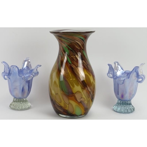 91 - A group of three European glass vases, late 20th century. Comprising a Murano aventurine glass vase ... 