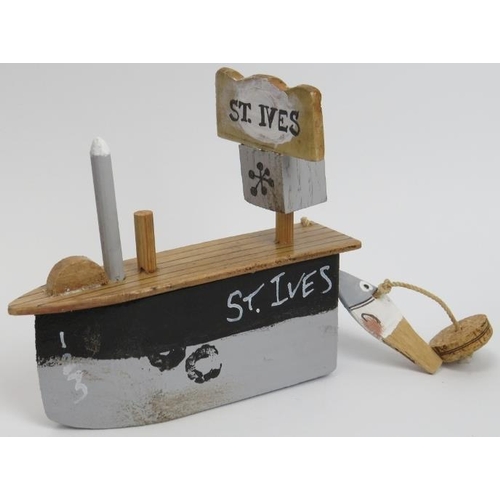 92 - A John Maltby (b.1946) painted wood model of fishing boat named ’St Ives’. Signed beneath. 11.8 cm l... 